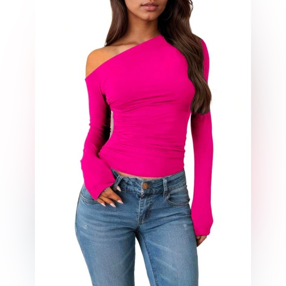 SHEIN Tops - 1pc Women's Autumn/Winter Plain Asymmetric Neckline Sexy Oblique Drop-Shoulder